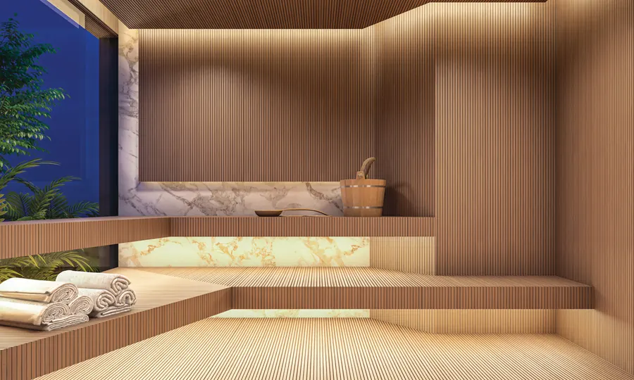 Tonino Lamborghini Residences - Timber-lined sauna in the wellness suite