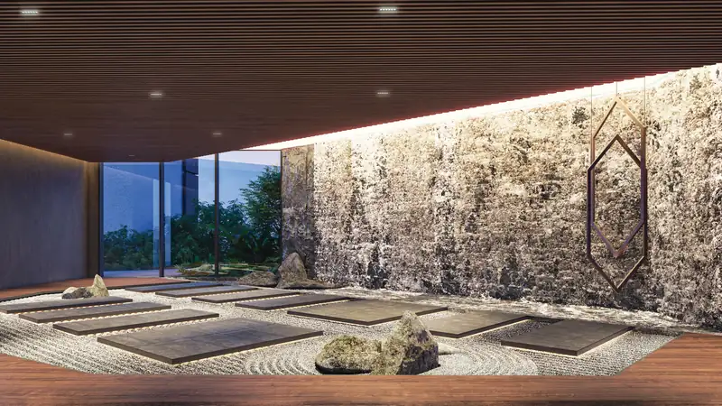 Tonino Lamborghini Residences - Zen meditation garden with raked gravel and stone wall